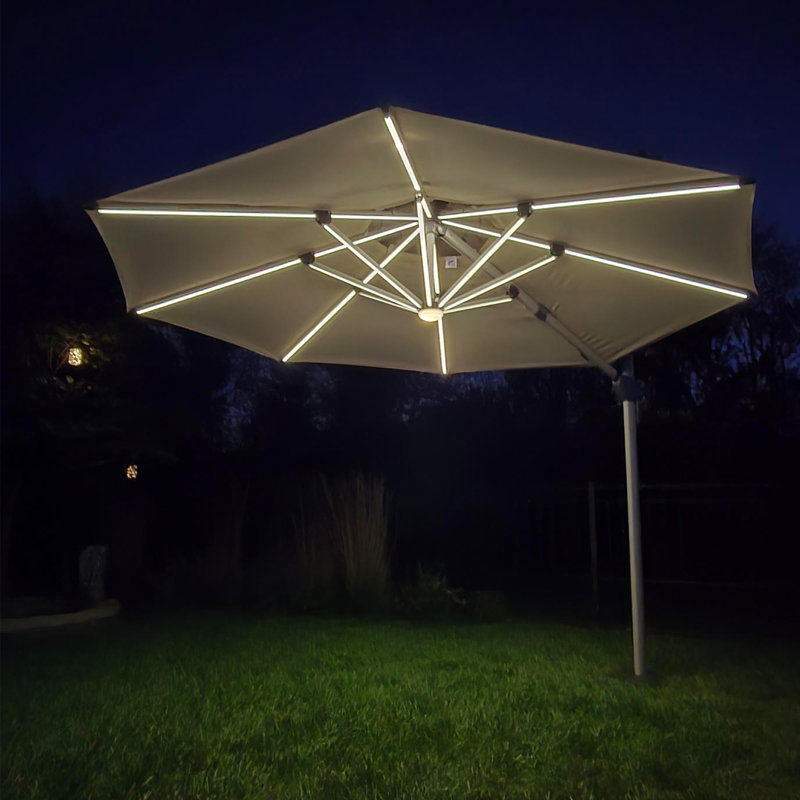 11FT Round Cantilever Umbrella With Lights And Base In Ground,Beige, Beige