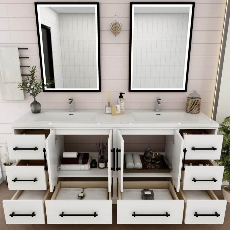 Meuble-lavabo double 71,1 po avec plateau en acrylique Victoria, Blanc lustré