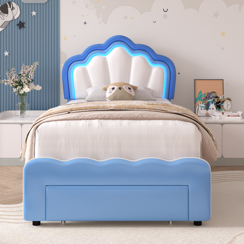 Lit pour enfant tapissier avec tiroir et tête de lit réglable Avalie, Simple, Polyuréthane bleu / crème