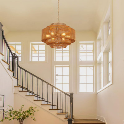 Lustre en rotin tissé à la main avec 6 lumières, grand luminaire suspendu Boho Farmhouse à 5 niveaux pour le salon, la salle à manger, la chambre à coucher, l'escalier, le bord de mer et le design d'intérieur rétro
