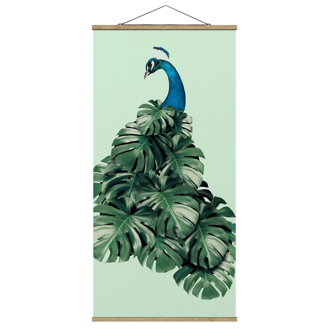 Stoffbild Pfau mit Monstera-Blättern von Jonas Loose