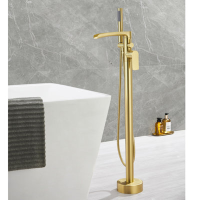 37.5" Solid Brass Floor Mounted Single Lever Handle Freestanding Tub Faucet, Waterfall Tub Filler With Handshower