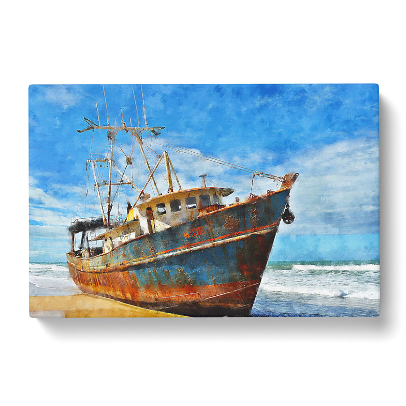 Boat Wreck On The Beach - Wrapped Canvas Painting, 40cm H x 60cm W x 3cm D