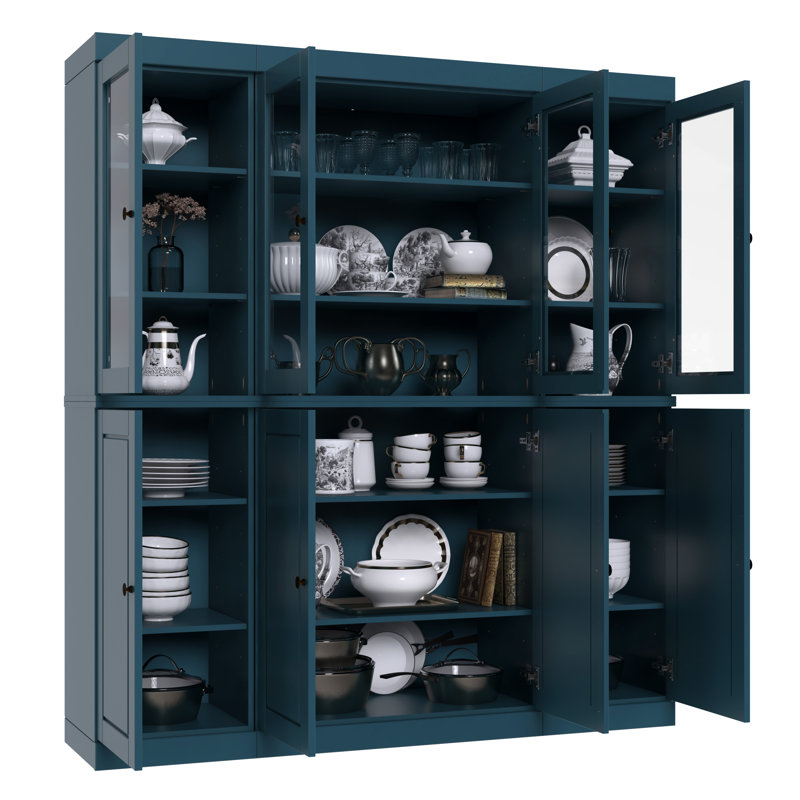 Grande armoire de cuisine en bois massif avec portes en verre Lodman, Sarcelle