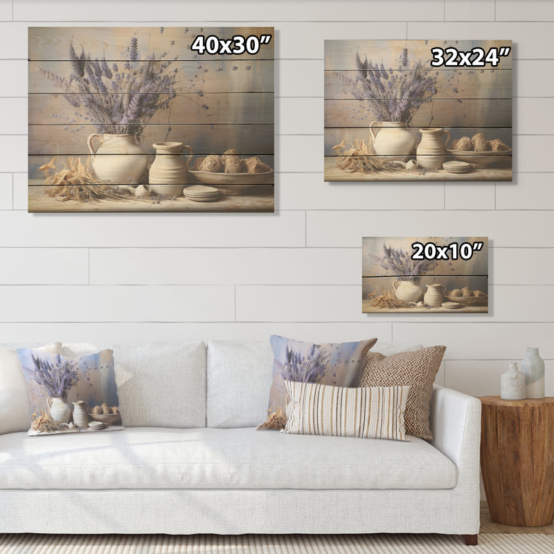 Lavender Farmhouse Still Life - Herbs Wood Wall Art On Natural Pine Wood, 10" H x 20" W