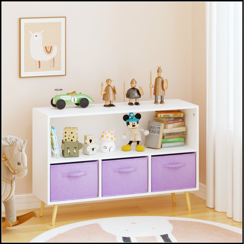 Bibliothèque pour enfants avec tiroirs en tissu pliables, présentoir à livres et rangement pour jouets, blanc / mauve