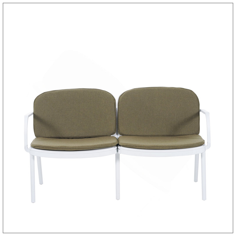 Causeuse d'extérieur en PP Luna, durable et élégante avec structure blanche résistante aux intempéries et coussin vert confortable