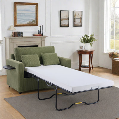 Sleeper Sofa Loveseat Sofa With A Foldable Mattress, A Foldable Side Table, A Side Storage Pocket And Two Usb Ports