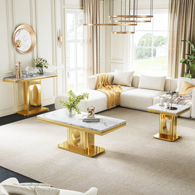 46.85" Marble Coffee Table Set, Faux Marble Table Top With Mirrored Stainless Steel Oval Pedestal Base(Set Of 3)