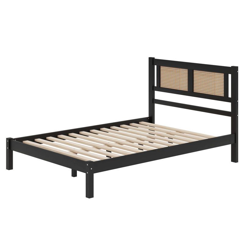 Lit plateforme double en bois avec tête de lit et tables de chevet en rotin naturel, Noir