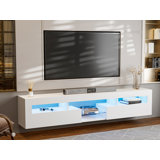 Ivy Bronx Led Floating Tv Stand For 85 Inch Tv, White High Glossy Wall Mounted Haning Tv Stand With 2 Cabinets And Glass Shelve, Modern Floating Entertainment Center Console Shelf For Living Room, Bedroom