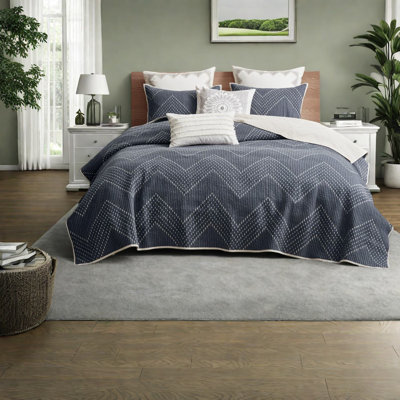 Ensemble de literie en coton bleu marine de qualité supérieure avec motif brodé moderne, parfait pour la détente à la maison