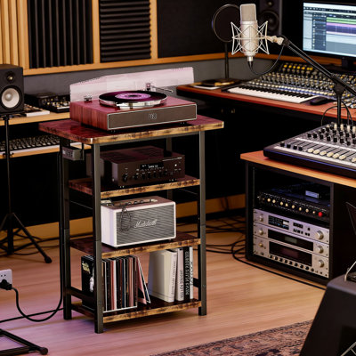 4-Tier Media Stand With Built-In Power Outlet, Wooden Entertainment Centre With Storage Shelves For Record Player, Stereo, DVD, And Gaming Consoles