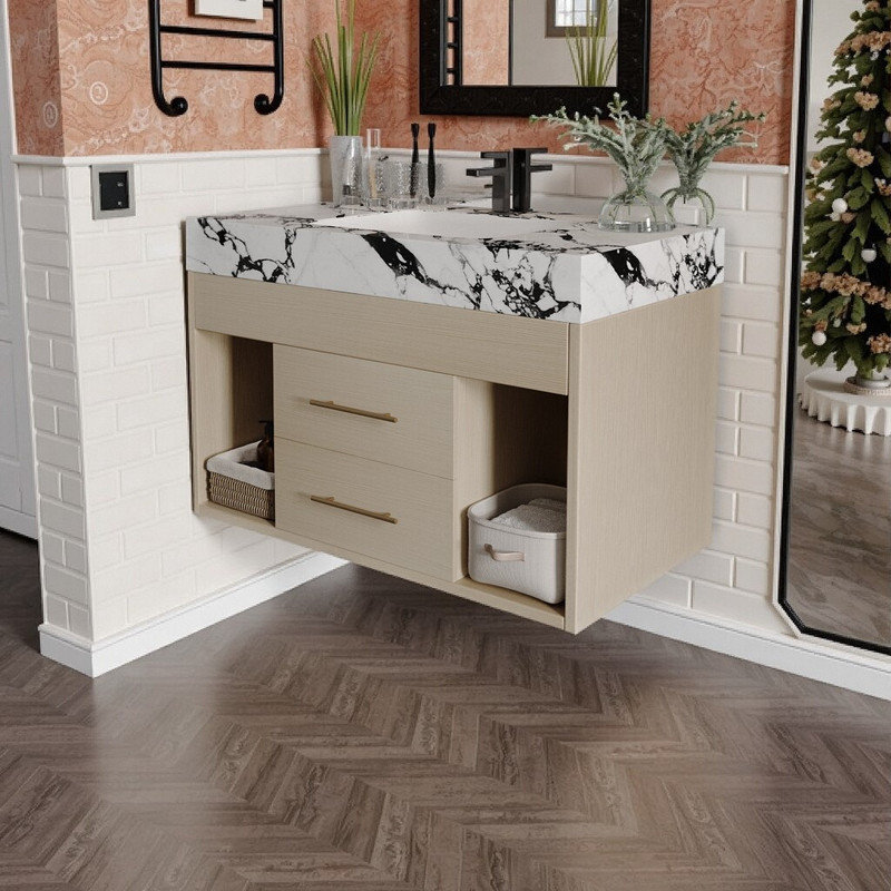 Meuble-lavabo flottant 29,9 po avec comptoir en pierre frittée, lavabo encastré en céramique, Brun, Blanc / Gris