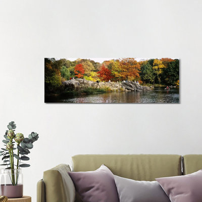 Group of People Sitting on Rocks, Central Park, Manhattan 1 Piece Wrapped Canvas Panoramic Wall Art