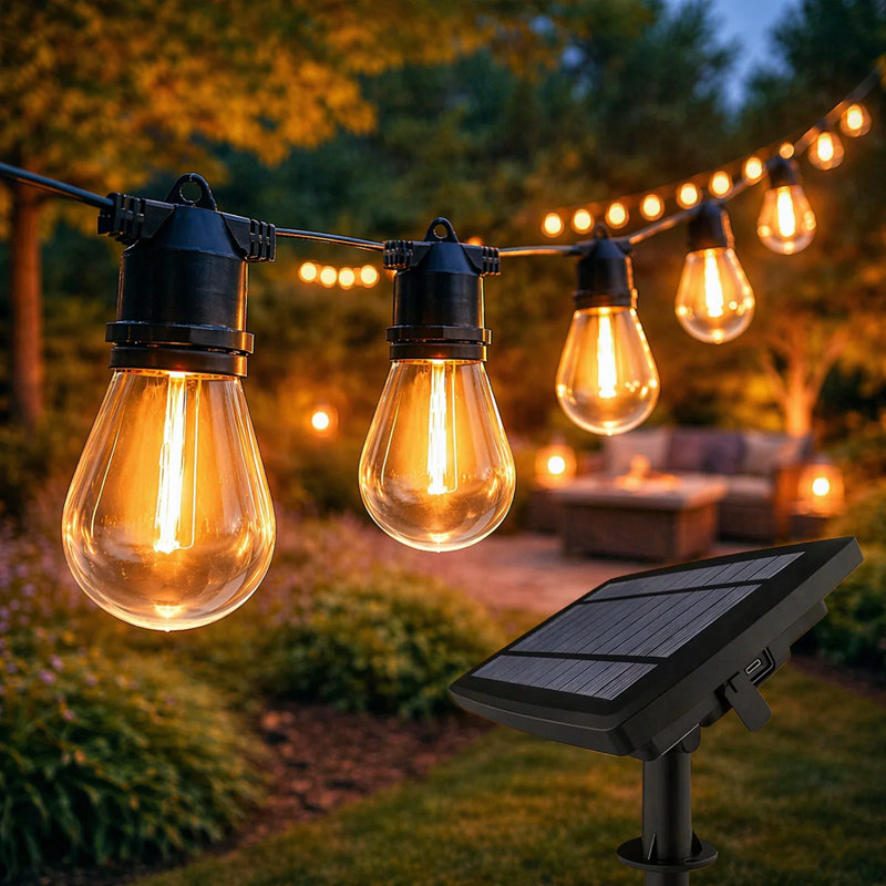 Kashayla 49FT 16-Bulb Solar & USB Charging Patio String Light 4 Modes with Remote Control Outdoor Decoration Waterproof