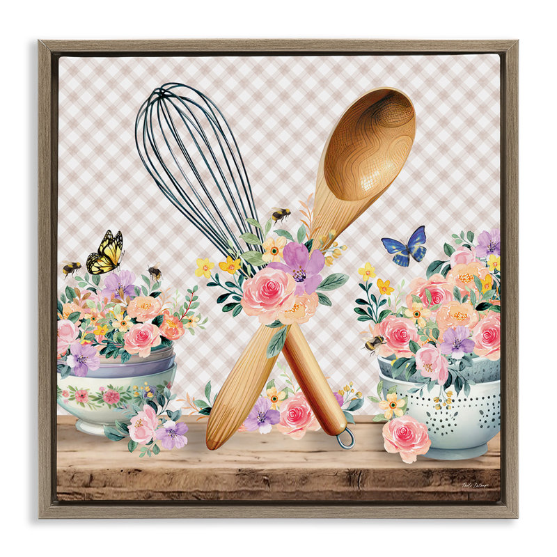 «Crossed Utensils on Gingham Floater», art mural sur toile par Nicole DeCamp, Cadre flottant orme Montalcino