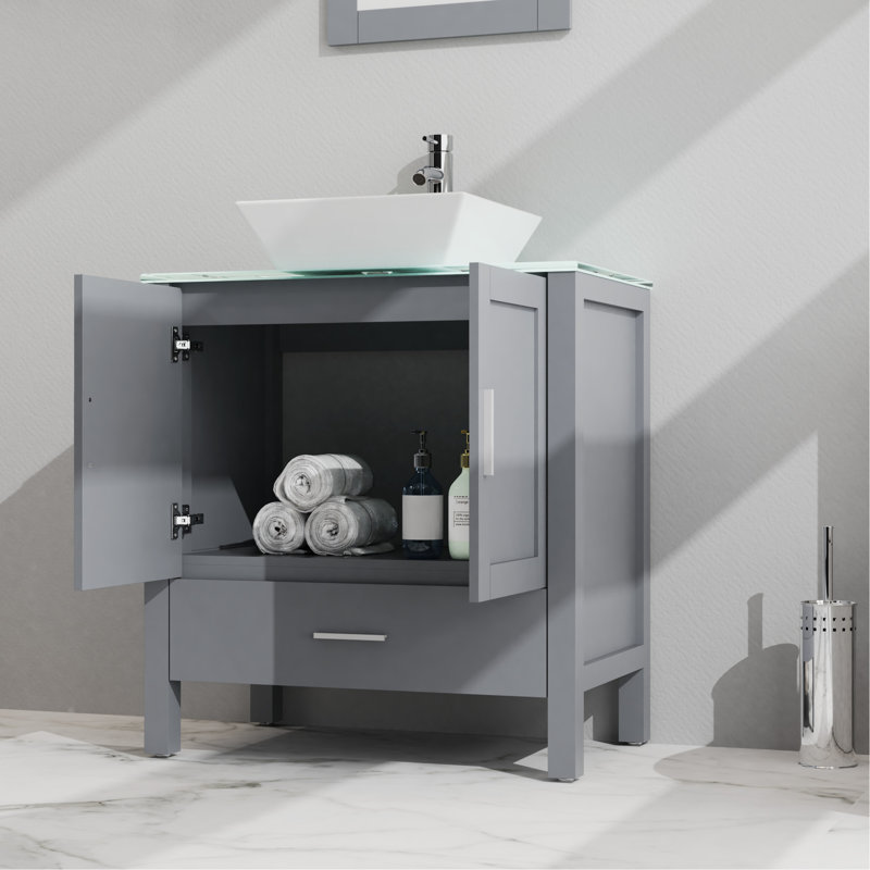 Meuble-lavabo de 30 po avec lavabo, gris. Fabrication. Lavabo de 16,5 x 5,5 po. Rangement généreux. Charnière. Comptoir en verre trempé. Tiroir d'armoire à 2 portes. Conception moderne et spacieuse