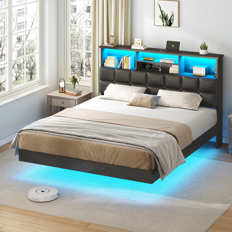 Floating Bed Frame with LED Lights & Hidden Storage, Upholstered Platform Bed with Headboard, USB/Type-C Charging Station, No Box Spring Needed