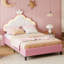 Acamas Pink Princess Single Bed Frame with LED Lights for Girls, Velvet Upholstered Kids Bed with Crown Shape Headboard, Height Adjustable Children's Youth Bed with Solid Wood Slats-1429380791