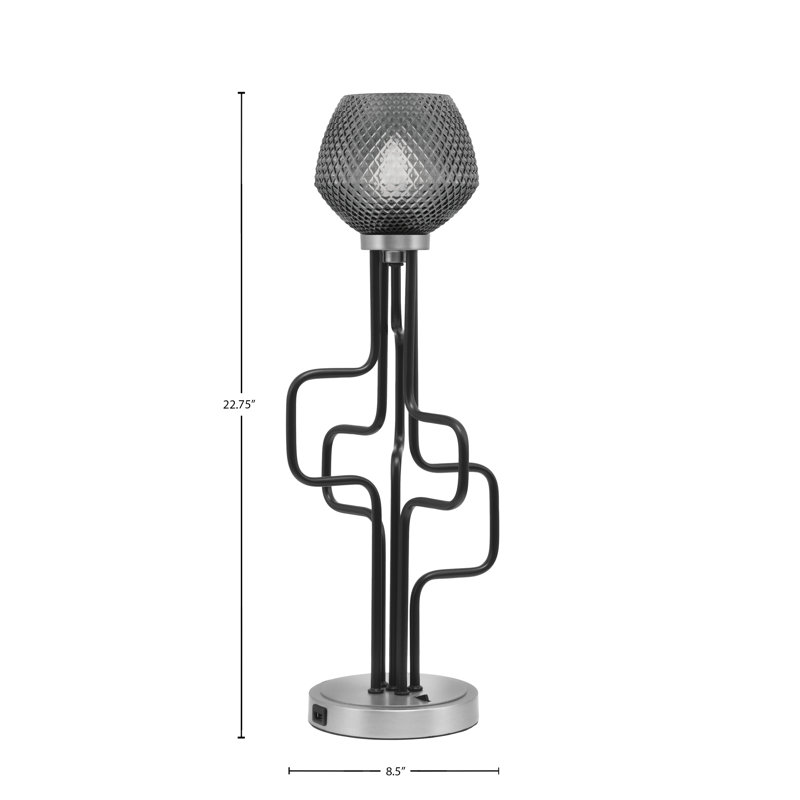 Lampe décorative Amarmula, avec ports USB, noir mat et finition graphite, verre texturé fumée 6 po, Argent argent