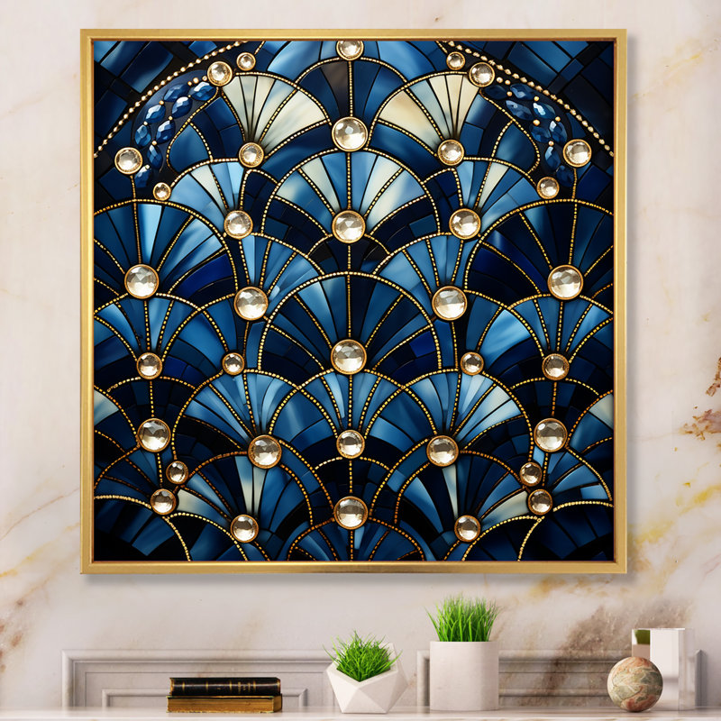 Art déco bleu Golden Tile Elegance 1 II - art mural géométrique, Or, H 30 po x l 30 po