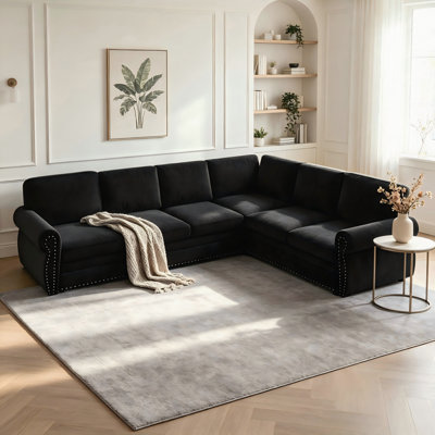 118" L-Shaped Nailhead Trim Rolled Arm Sleeper Sofa, 6-Seat Pull-Out Bed