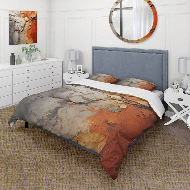 Ensemble de housse de couette orange / gris à motif de séquoia abstrait en microfibre / polyester