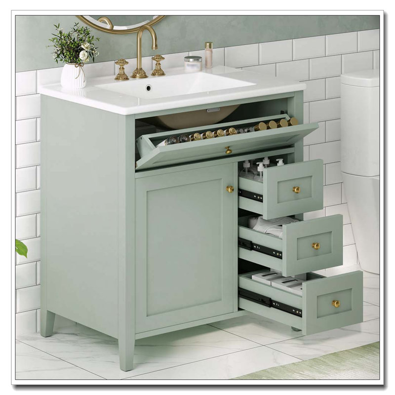 Meuble-lavabo de 30 po avec lavabo et grand rangement, Porte gauche vert clair, 30