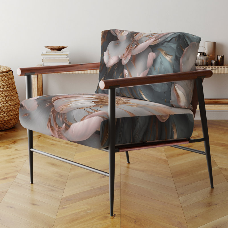 Fauteuil d'appoint rembourré floral rose avec pivoines roses et gris, Noir