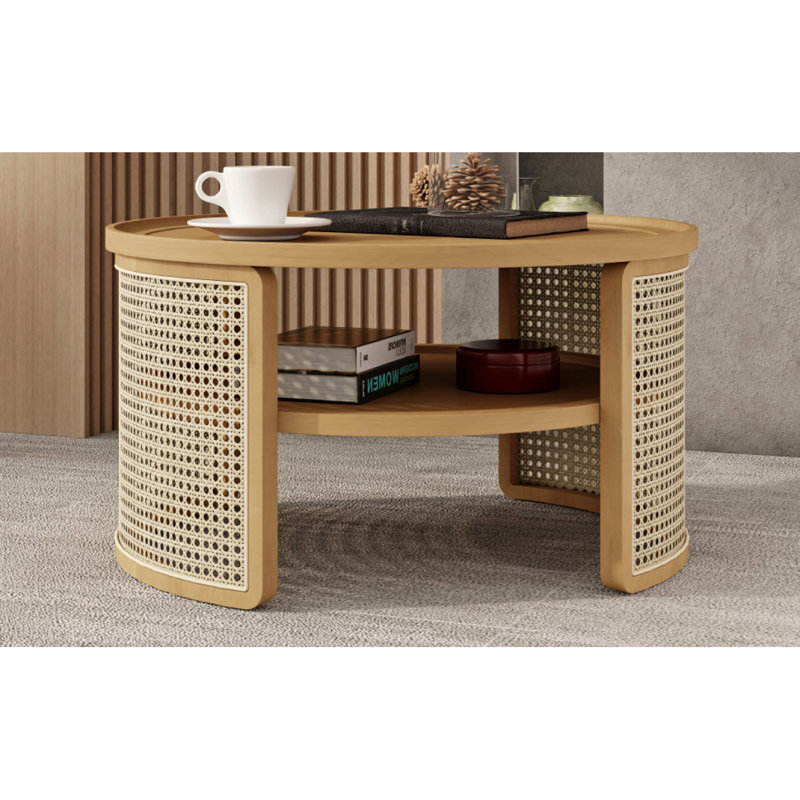 Table basse ronde à 2 niveaux en bois naturel avec base en rotin de rangement de 31,3 po