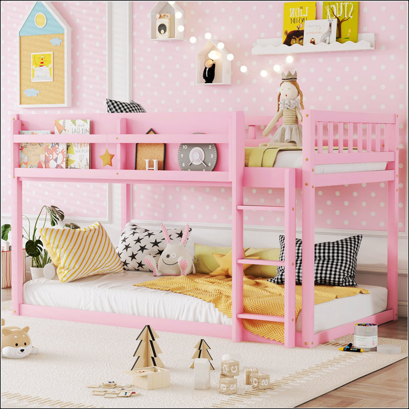 Lit superposé bas simple au-dessus de simple, lit superposé au sol avec échelle, lit superposé simple en bois massif pour enfants et enfants, rose