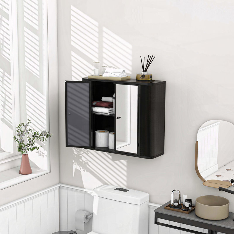 Black Wall-Mounted Bathroom Cabinet with Mirror, 2 Mirrored Doors, and Open Shelf