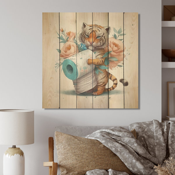 Trinx Ikerne Tiger With Roll Of Toilet Paper And Flowers II On Wood ...
