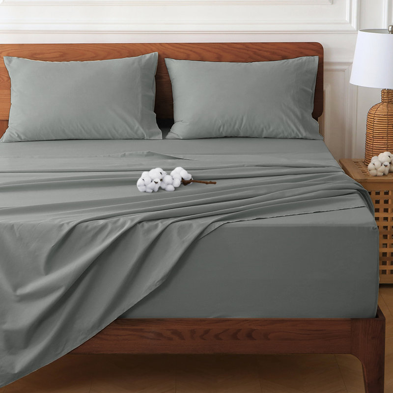 Ensemble de draps 100% coton 400 fils 400 fils, Ensemble de draps pour grand lit avec 4 pièces su, Gris clair
