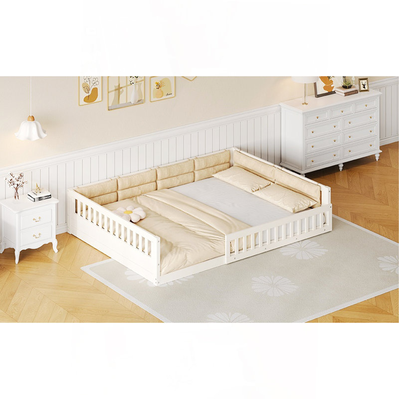 Lit plateforme tapissier en bois pleine grandeur avec garde-corps et coussin, beige