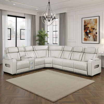 Annitra 128" Modern & Contemporary 3-Piece Faux Leather Power Sectional Sofa with Ultimate Drop-Down Console, Wireless Charging and Dual Power Reclini