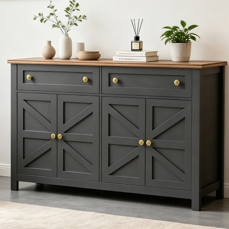 Buffet de 55 po avec 2 tiroirs et armoires, buffet de style classique avec tablettes réglables pour le salon, la cuisine et la salle à manger