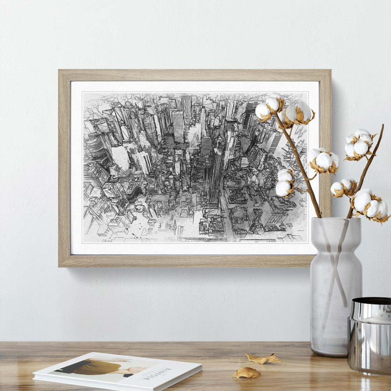 Birds Eye View of New York City in Abstract - Picture Frame Graphic Art Print, Oak Framed, 36cm H x 48cm W x 2cm D