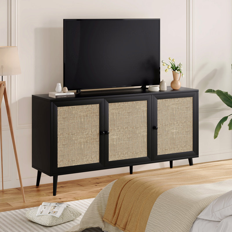 Sideboard Buffet Cabinet With 3 Rattan Doors,Modern Kitchen Storage Console Cabinet, 15.4" H x 31.1" W x 15.4" D, Black