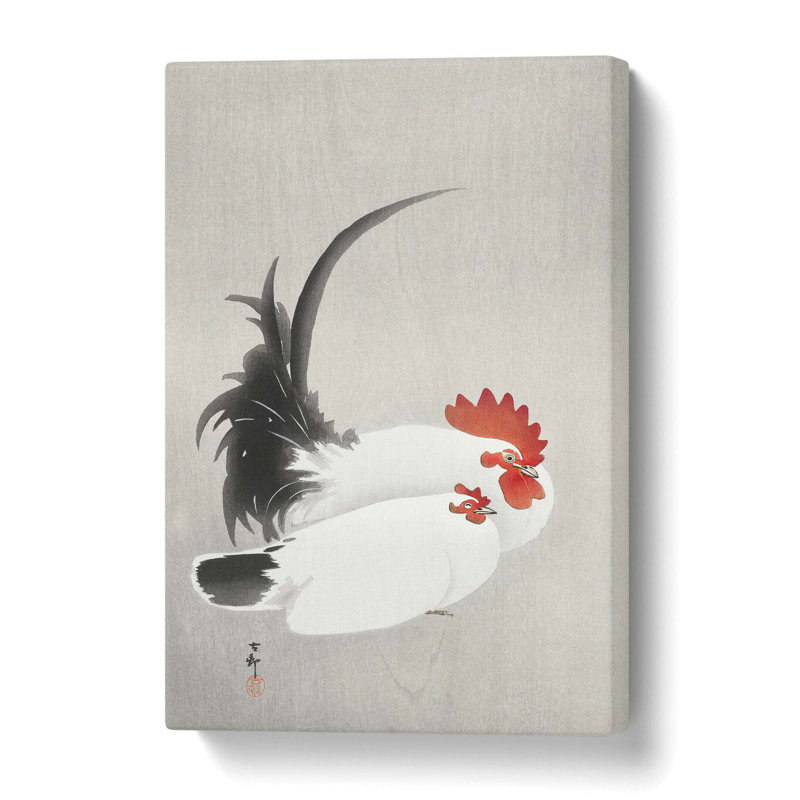 White Rooster & Hen by Ohara Koson - Wrapped Canvas Painting, 50.8 cm H x 35.6 cm W