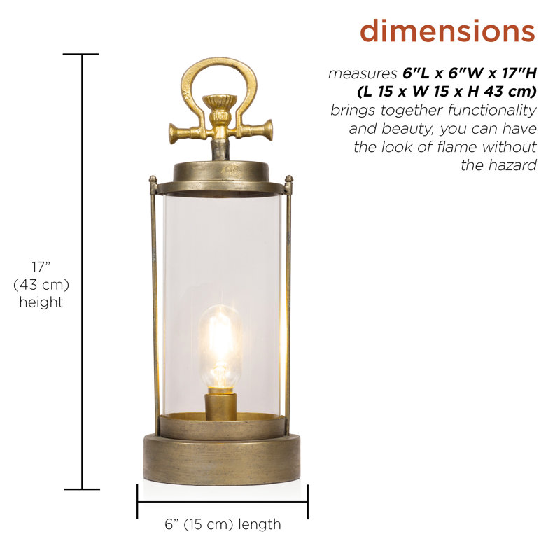 Vintage Metal & Glass Lantern with Warm LED Lights, 17" H x 6" W x 6" D