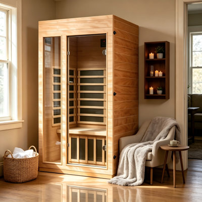 1-2 Person Indoor Infrared Sauna for Relaxation, Recovery & Better Well-Being, Hemlock & Okoume Wood Sauna, Tempered Glass
