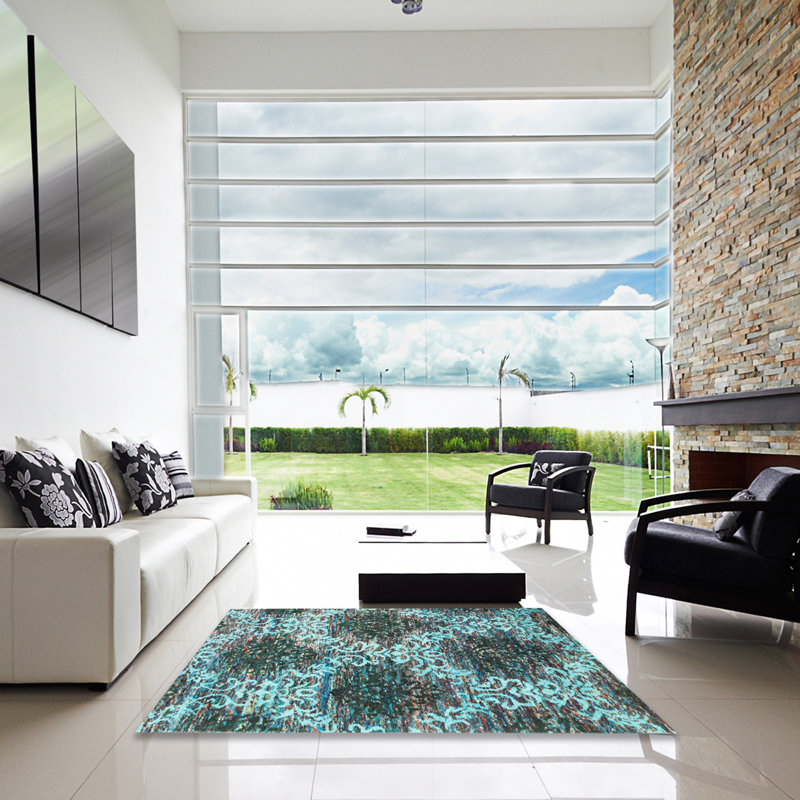 Tapis bleu/noir contemporain, Carré 5 pi
