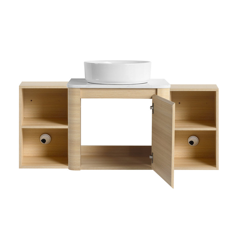 Meuble-lavabo mural avec lavabo d'art en céramique et 2 tablettes de rangement, porte à fermeture en douceur, emballage KD, contreplaqué