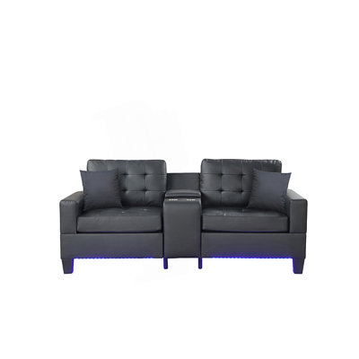 Tufted Sofa With Led Lights, Usb Charger, Storage Console, Cupholders, Comfy Sofa
