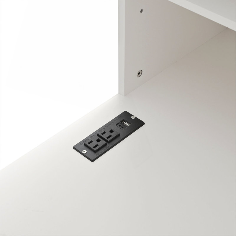Meuble-lavabo polyvalent avec miroir et station de charge, coiffeuse avec 8 compartiments de rangement cachés, bureau d'ordinateur à 3 tiroirs, 2 armoires et tablettes ouvertes, bureau à domicile