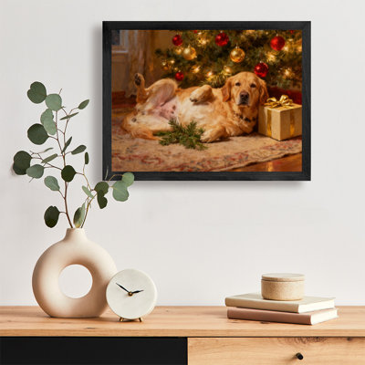 Noir rétro encadré noir - Chiens gardant des cadeaux, art mural, impressions de style rétro