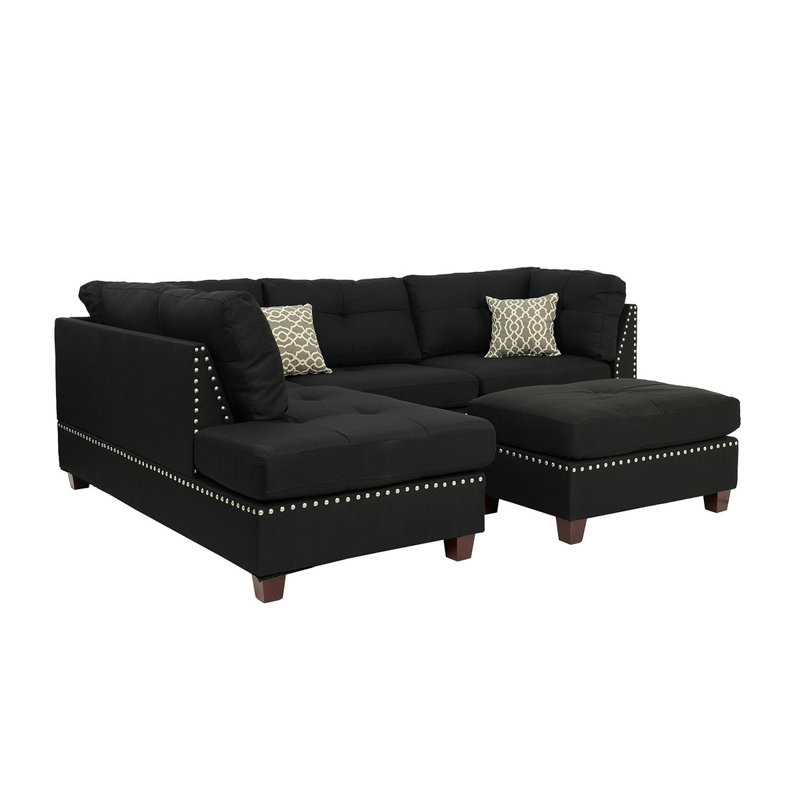Reversible Polyfiber Sectional Sofa With Ottoman, Black, Black Polyfiber