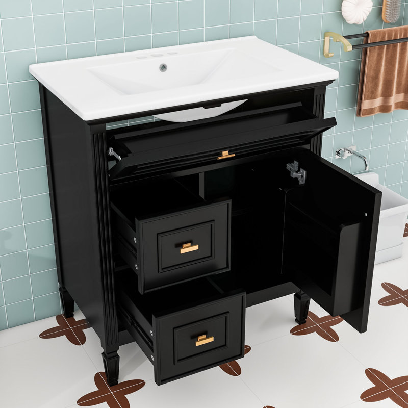 Meuble-lavabo 3 tiroirs avec plateau en céramique, tablettes réglables et poignées en métal, Noir / blanc